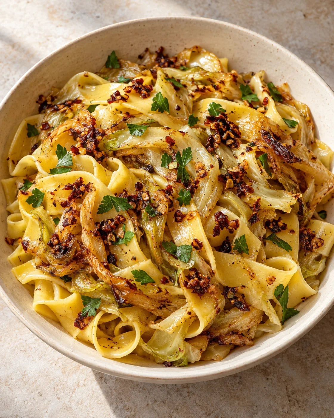 Wide egg noodles with golden cabbage ribbons, parsley, and red-brown garlic-shallot chili crisp