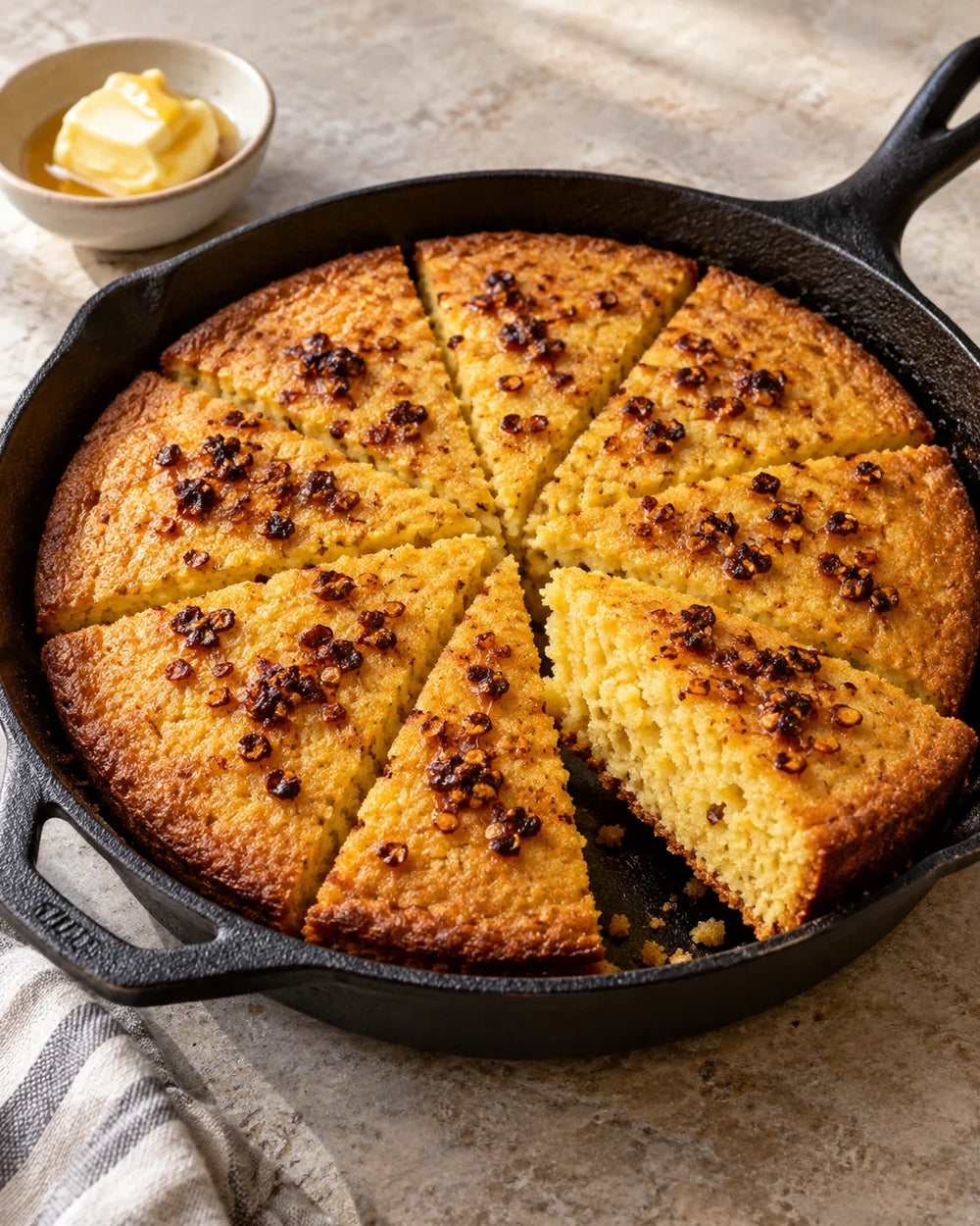 Golden skillet cornbread with a wedge lifted to show tender crumb and a restrained red-brown chili-crisp finish