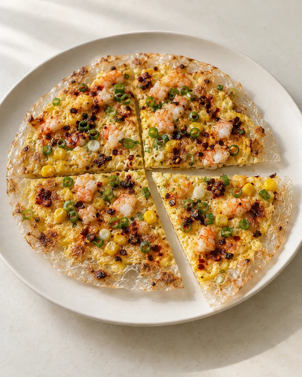 Crisp rice-paper pizza with a thin set egg layer, chopped shrimp, corn, scallions, and spicy chili crisp