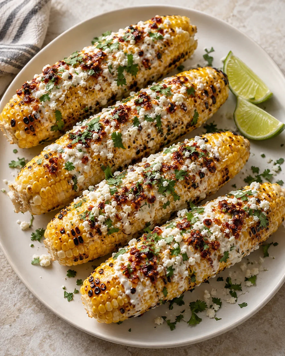 Charred corn on the cob with a thin lime-crema coating, crumbled cotija, cilantro, and red-brown spicy chili-crisp solids