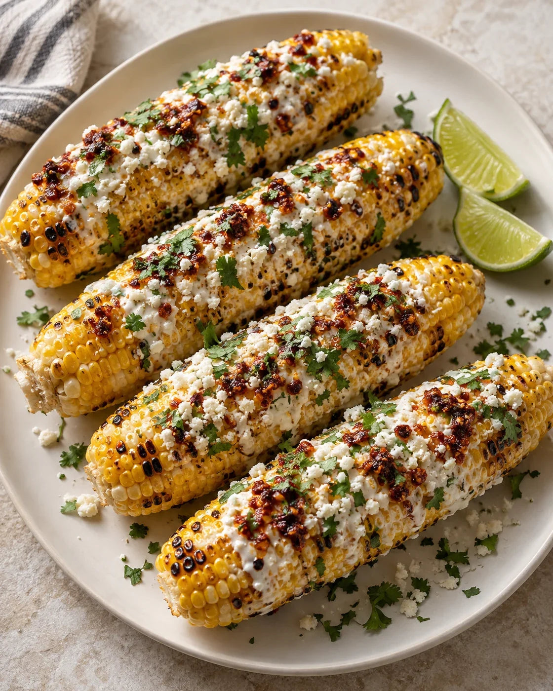 Charred corn on the cob with a thin lime-crema coating, crumbled cotija, cilantro, and red-brown spicy chili-crisp solids