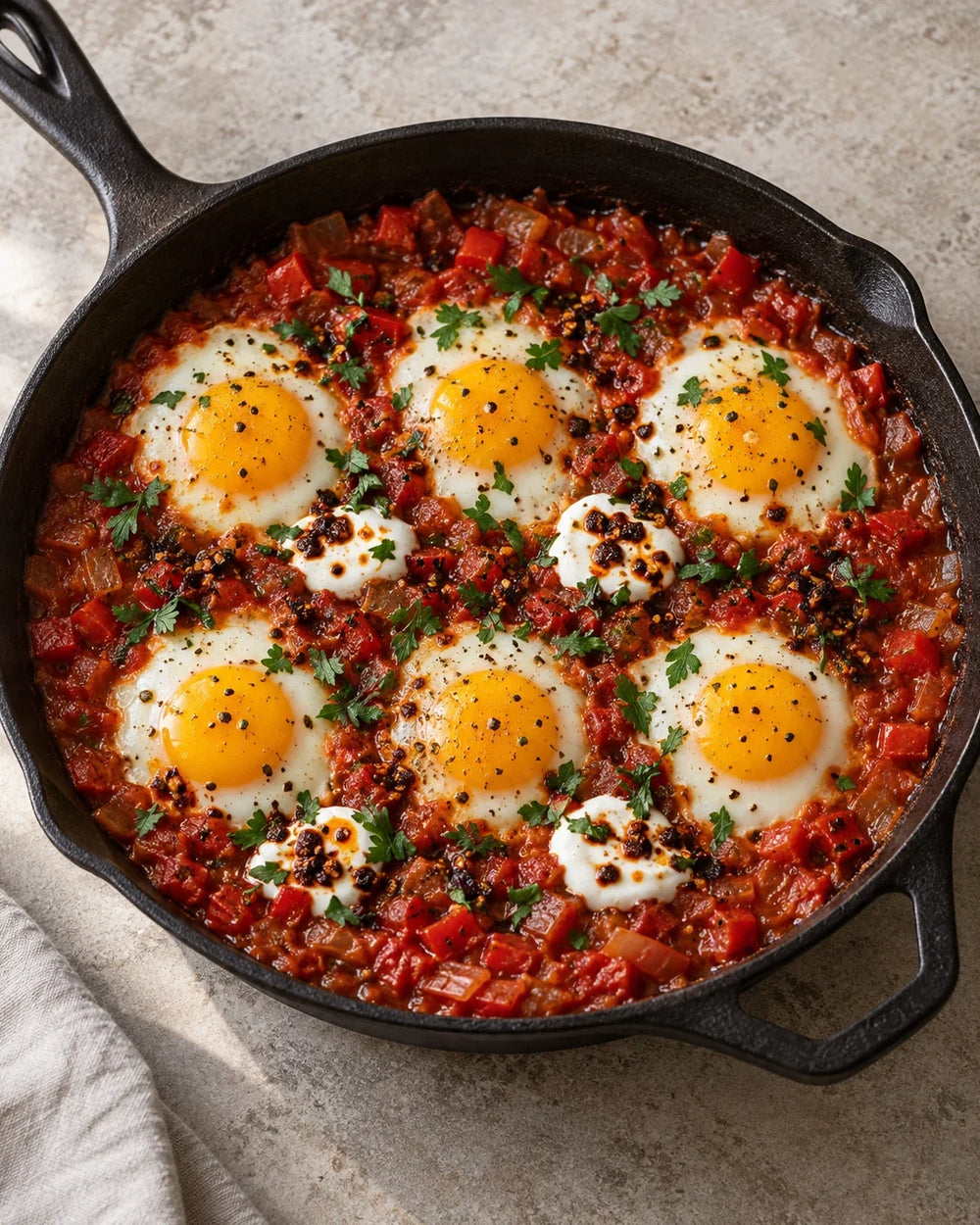 Six eggs in thick red tomato-pepper sauce with small garlic-yogurt spoonfuls, parsley, and visible Spicy Chili Crisp