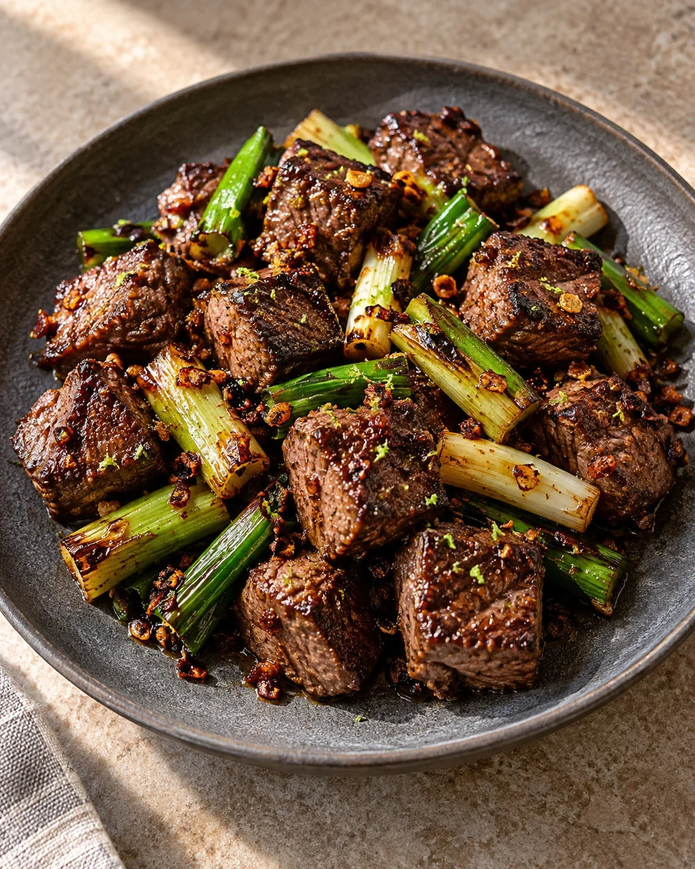 Browned sirloin steak bites with charred scallion pieces and visible red-brown Spicy Chili Crisp on a charcoal platter