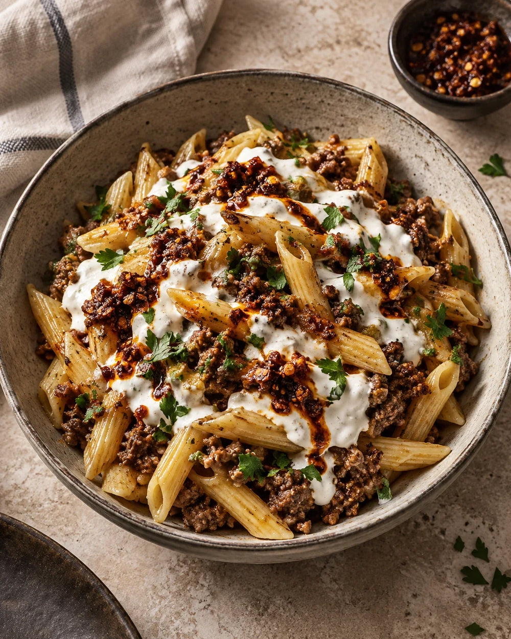 Penne topped with browned ground beef, white garlic-yogurt ribbons, chopped parsley, and restrained red-brown chili-crisp solids