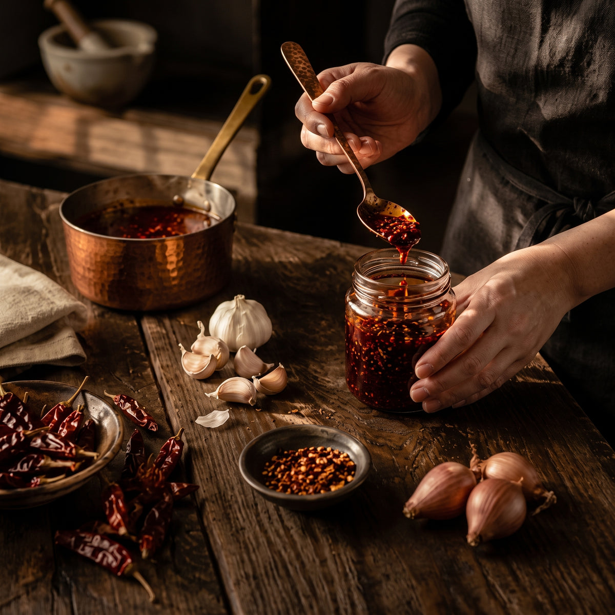 Hands spooning chili crisp into a glass jar beside garlic and dried chiles.