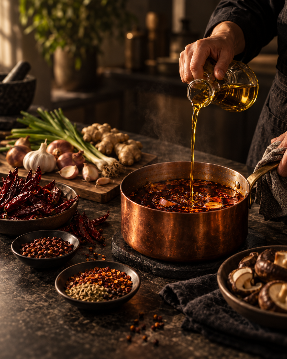 A hand pouring oil into a copper saucepan beside chiles and aromatics.