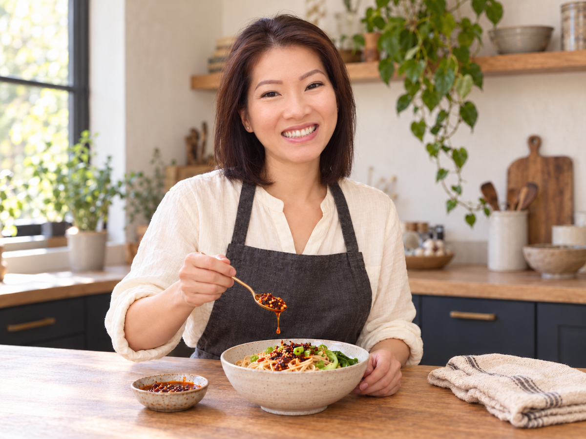 AI-created portrait of Blackland’s founder adding chili crisp to a bowl of noodles.